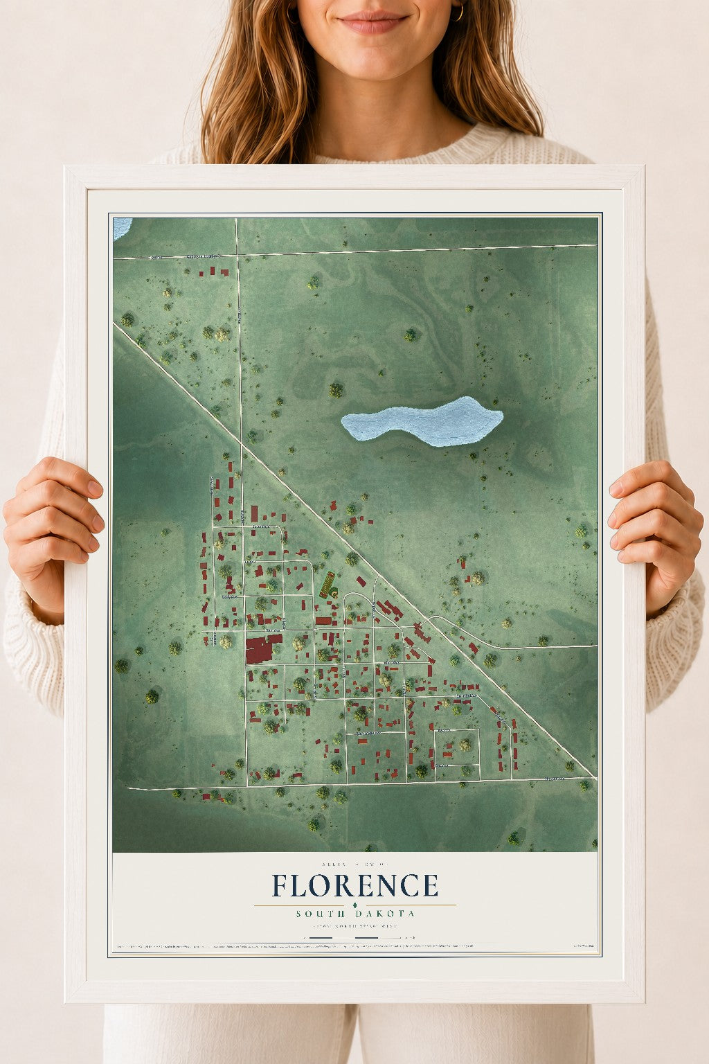 Map of Florence, South Dakota, 18 x 24 inch print in a white wood frame