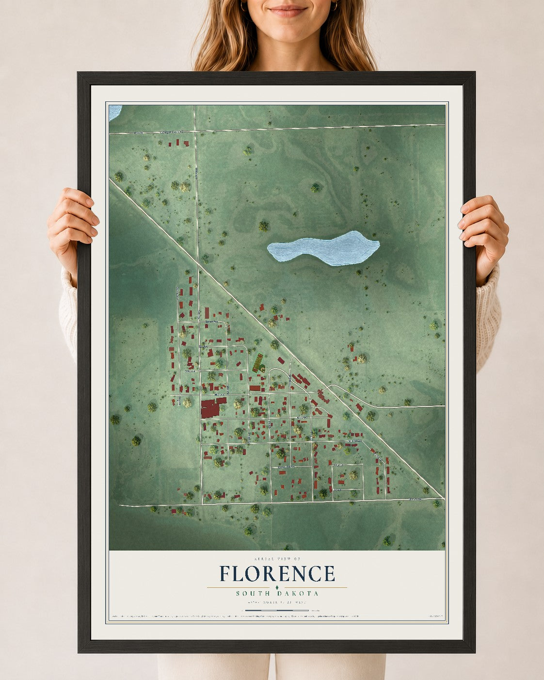 Map of Florence, South Dakota, 24 x 36 inch print in a black wood frame