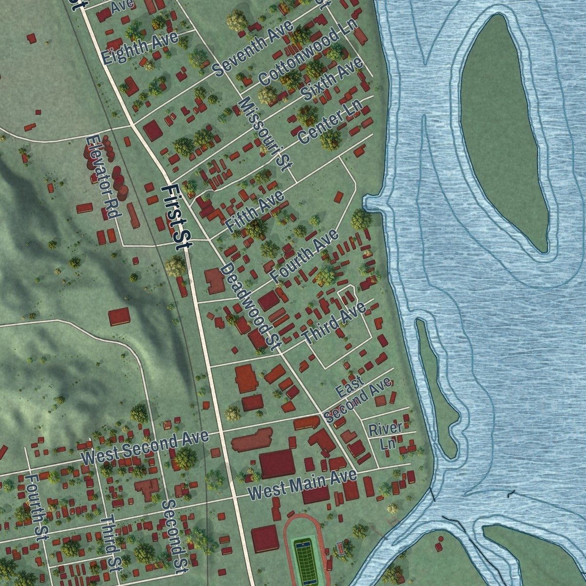 Close-up of the map of Fort Pierre, South Dakota print showing street and building detail