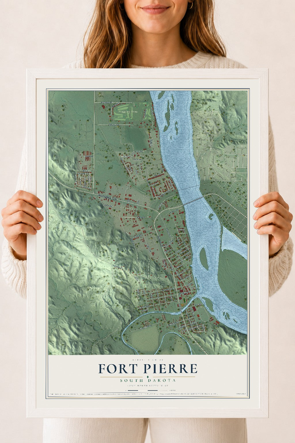 Map of Fort Pierre, South Dakota, 18 x 24 inch print in a white wood frame