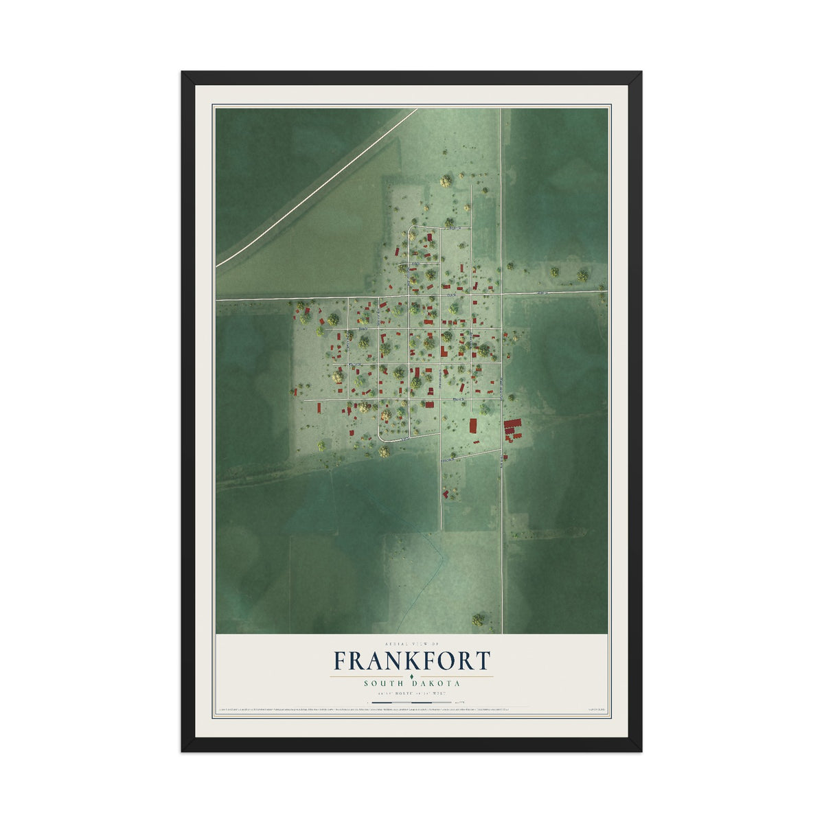 Map of Frankfort, South Dakota, 12 x 18 inch print in a black wood frame