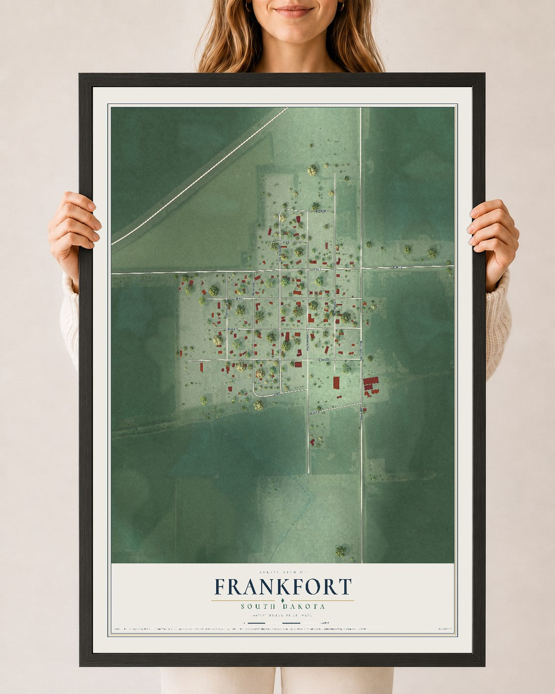 Map of Frankfort, South Dakota, 24 x 36 inch print in a black wood frame
