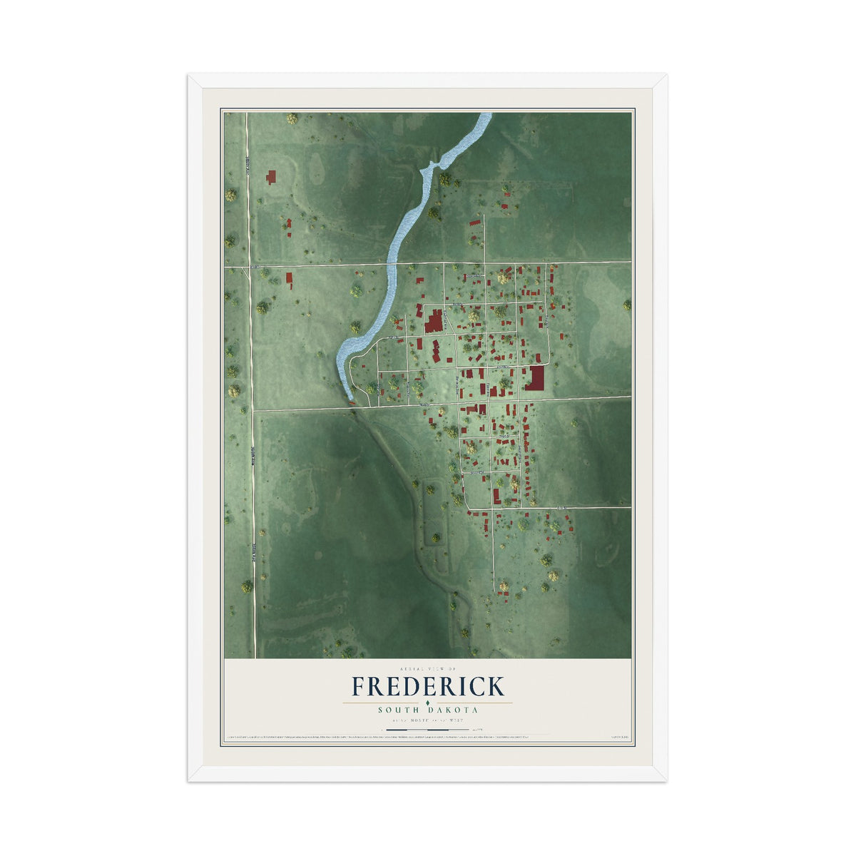 Map of Frederick, South Dakota, 12 x 18 inch print in a white wood frame
