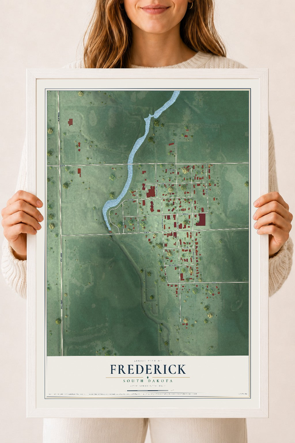 Map of Frederick, South Dakota, 18 x 24 inch print in a white wood frame