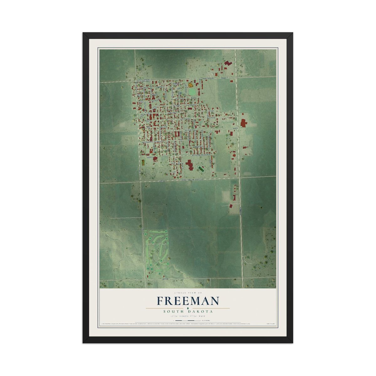 Map of Freeman, South Dakota, 12 x 18 inch print in a black wood frame