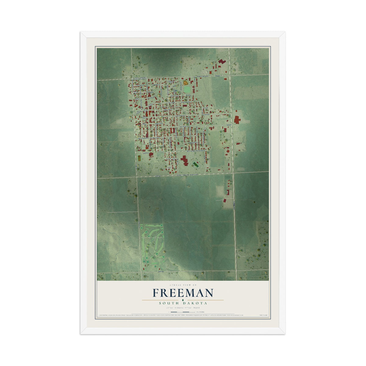 Map of Freeman, South Dakota, 12 x 18 inch print in a white wood frame