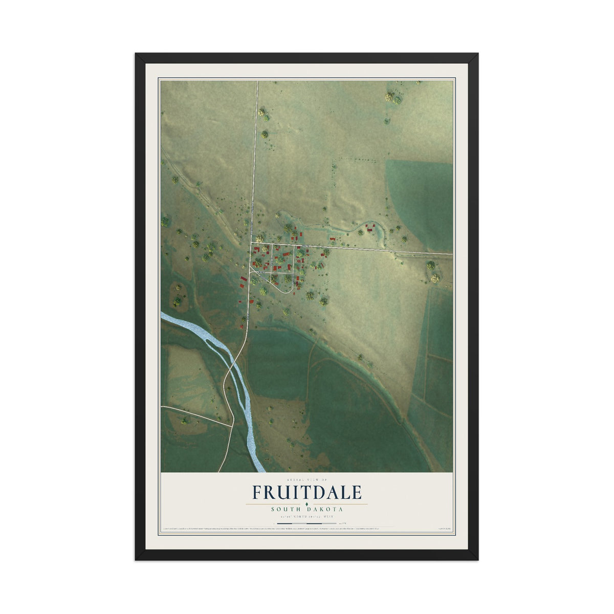 Map of Fruitdale, South Dakota, 12 x 18 inch print in a black wood frame