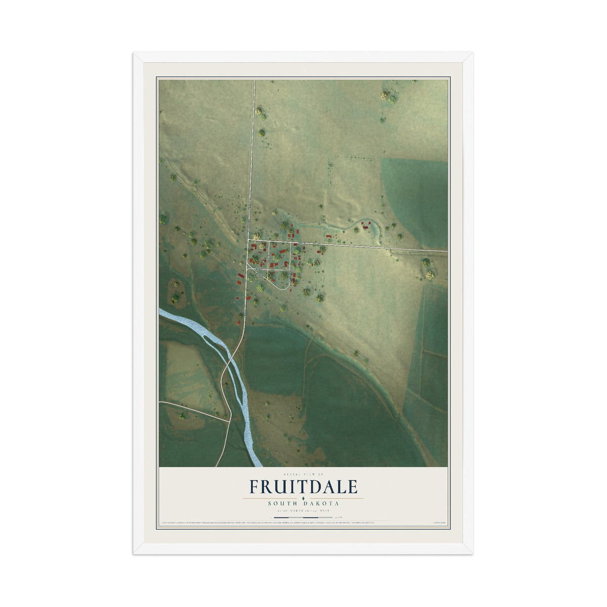 Map of Fruitdale, South Dakota, 12 x 18 inch print in a white wood frame