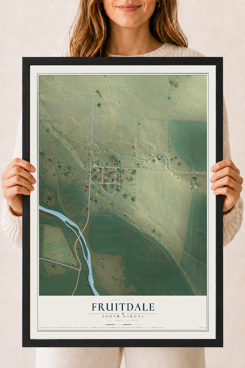Map of Fruitdale, South Dakota, 18 x 24 inch print in a black wood frame