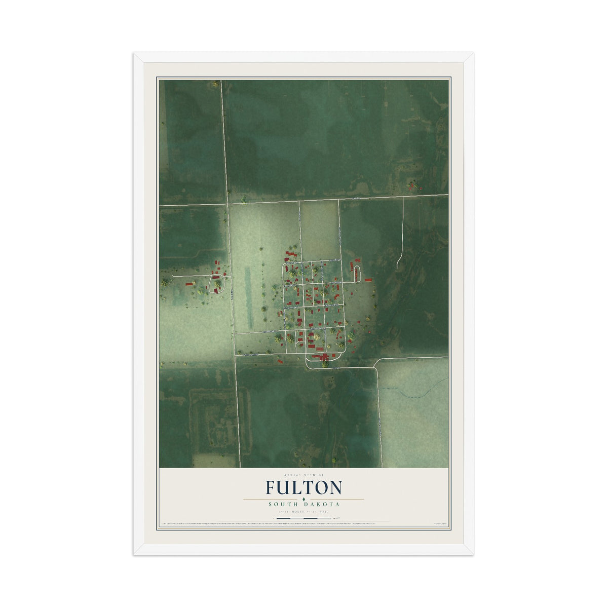 Map of Fulton, South Dakota, 12 x 18 inch print in a white wood frame