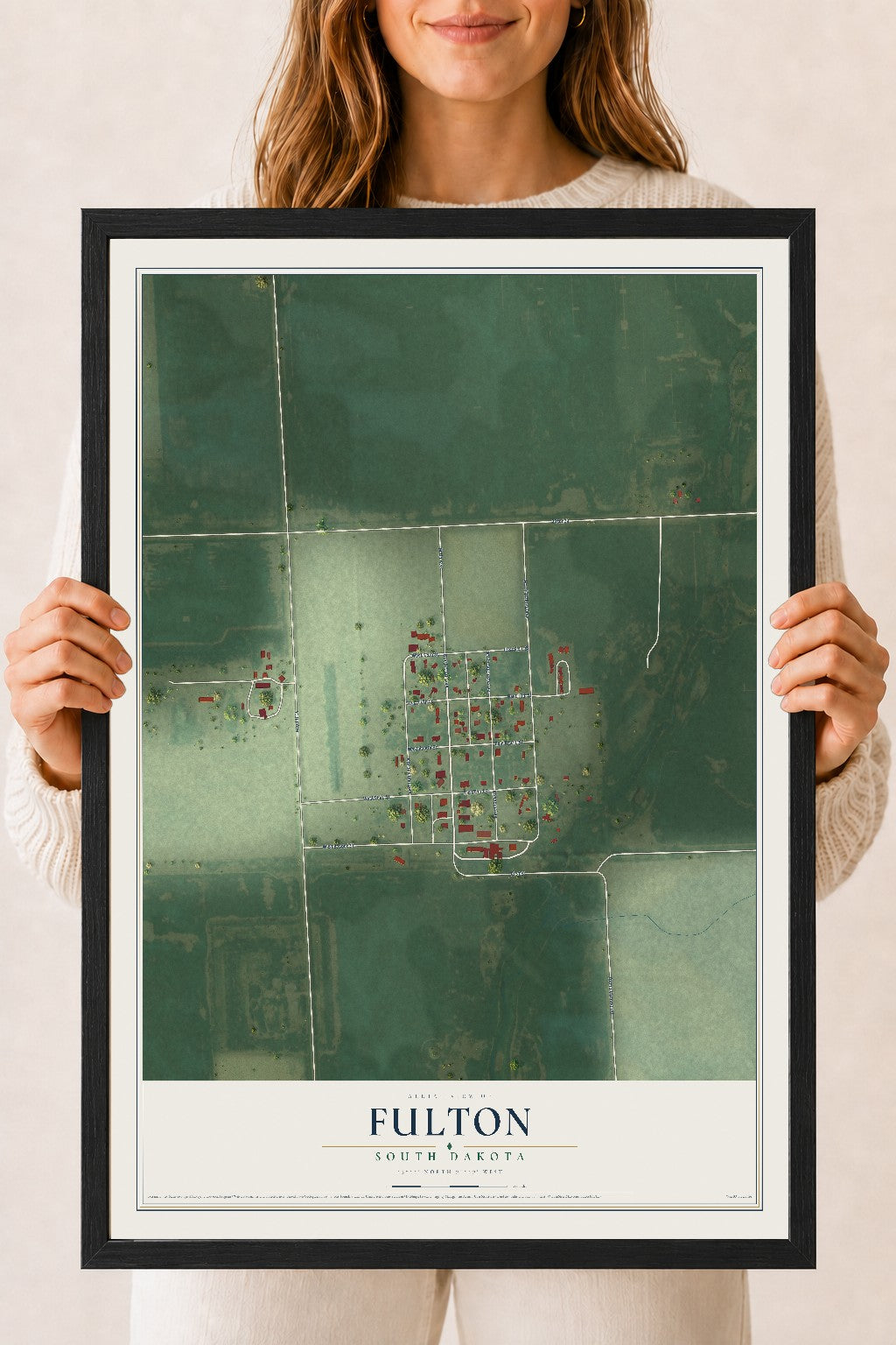 Map of Fulton, South Dakota, 18 x 24 inch print in a black wood frame