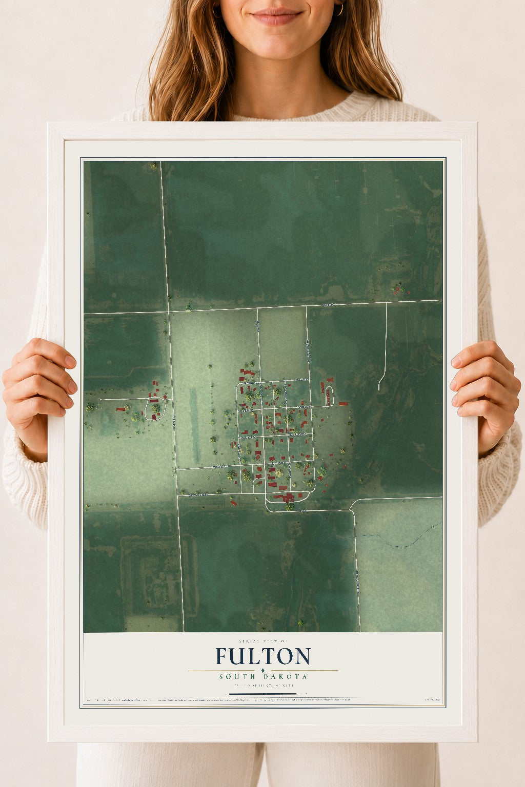 Map of Fulton, South Dakota, 18 x 24 inch print in a white wood frame
