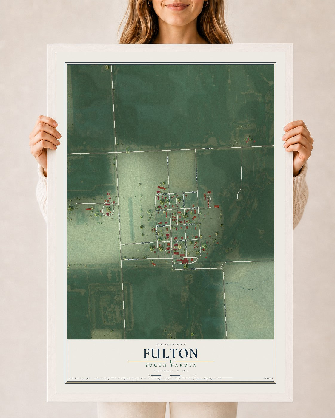 Map of Fulton, South Dakota, 24 x 36 inch print in a white wood frame