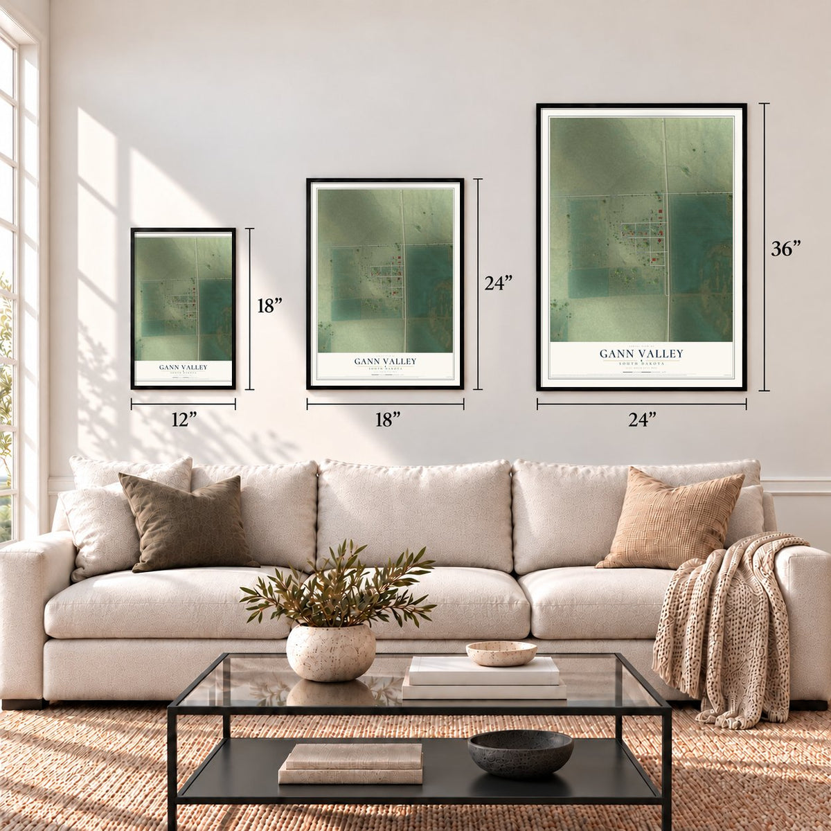 Gann Valley, South Dakota map in 12 x 18, 18 x 24 and 24 x 36 inch sizes above a sofa