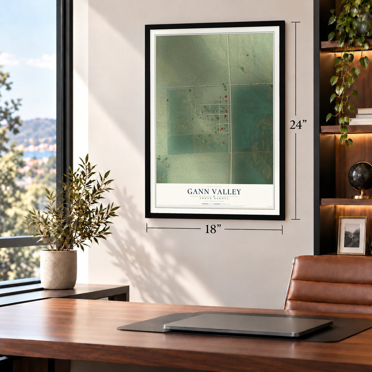 Gann Valley, South Dakota map, 18 x 24 inch print in a black frame in a home office