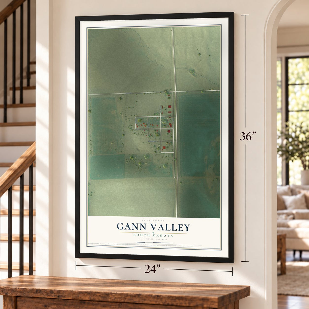 Gann Valley, South Dakota map, 24 x 36 inch print in a black frame by a staircase