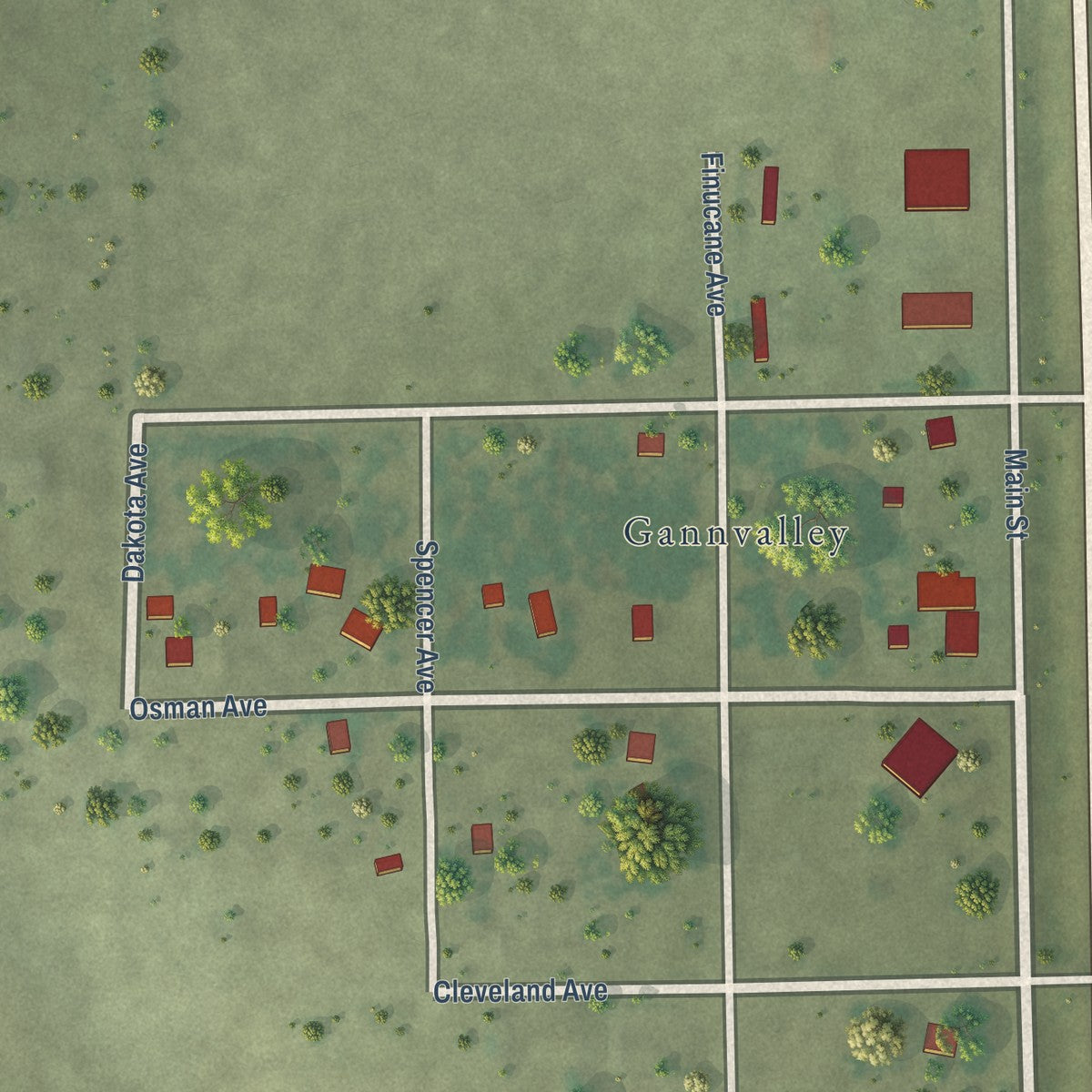 Close-up of the map of Gann Valley, South Dakota print showing street and building detail