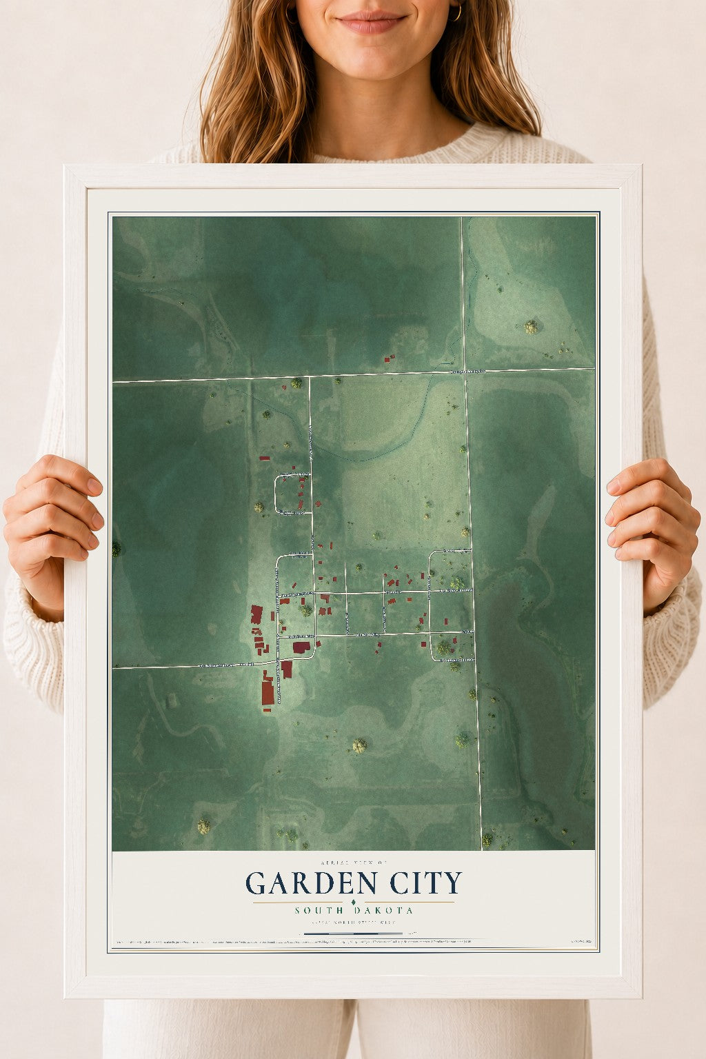 Map of Garden City, South Dakota, 18 x 24 inch print in a white wood frame