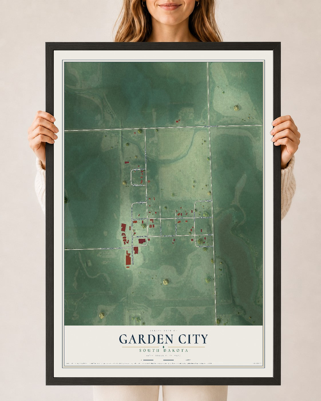 Map of Garden City, South Dakota, 24 x 36 inch print in a black wood frame