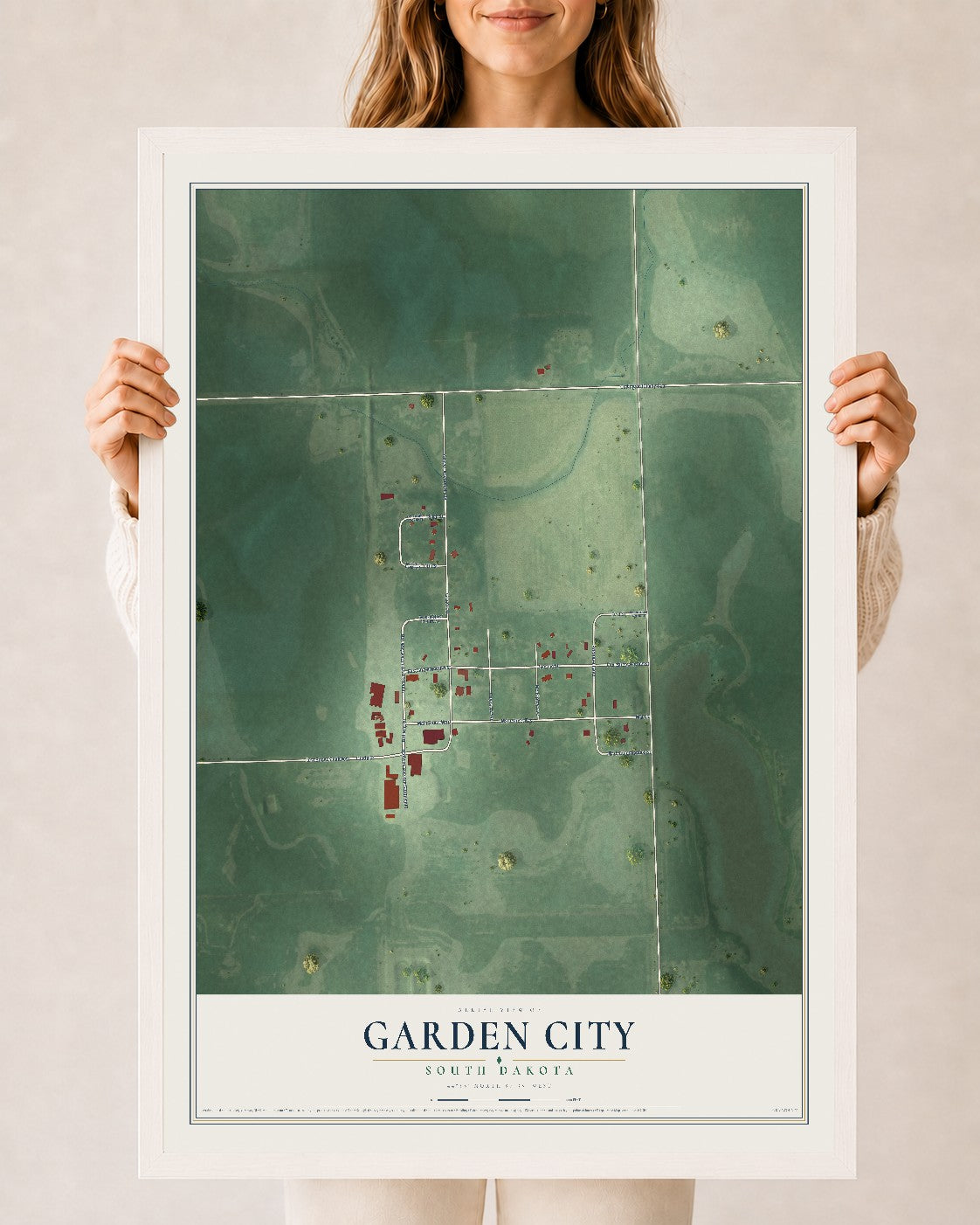 Map of Garden City, South Dakota, 24 x 36 inch print in a white wood frame