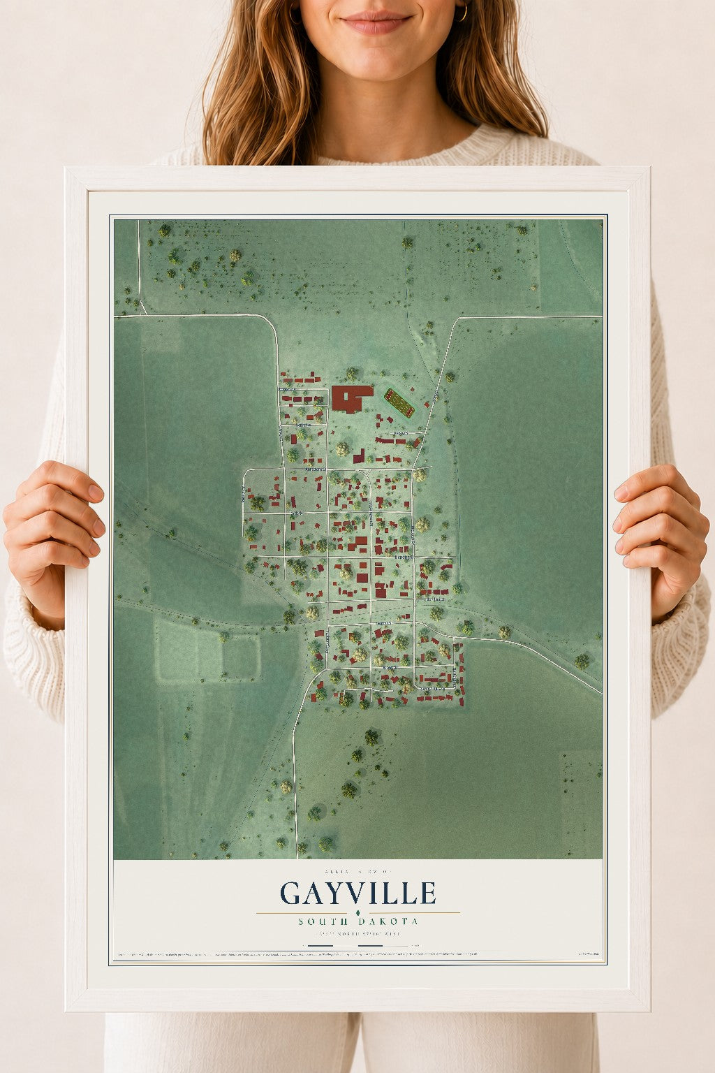 Map of Gayville, South Dakota, 18 x 24 inch print in a white wood frame