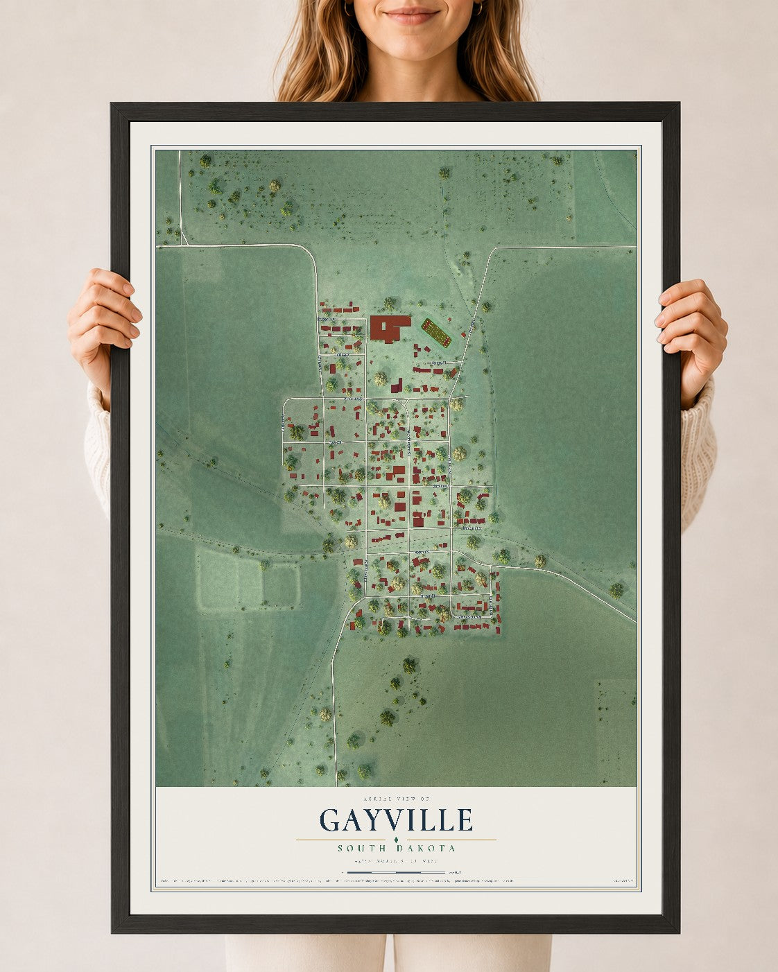 Map of Gayville, South Dakota, 24 x 36 inch print in a black wood frame