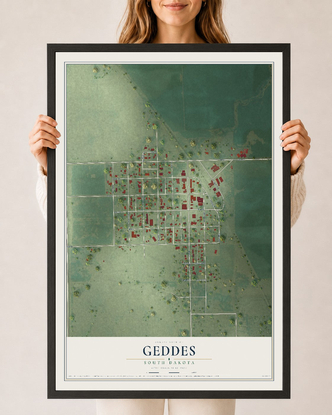 Map of Geddes, South Dakota, 24 x 36 inch print in a black wood frame