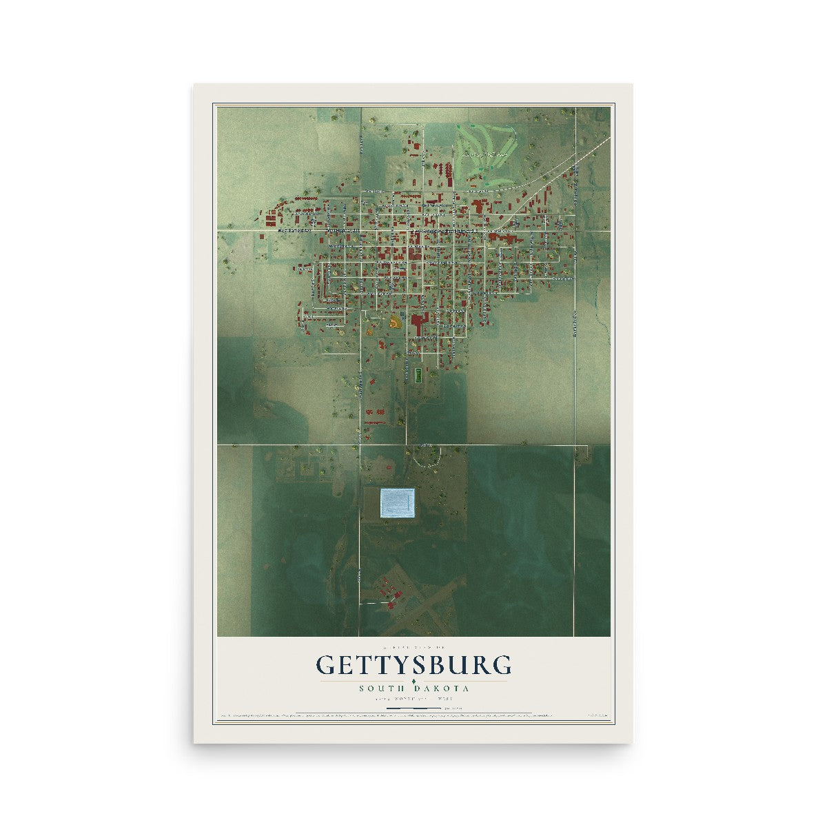Map of Gettysburg, South Dakota, 12 x 18 inch unframed archival matte print
