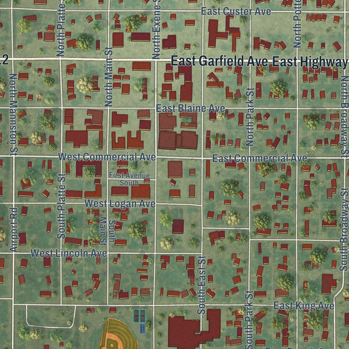 Close-up of the map of Gettysburg, South Dakota print showing street and building detail