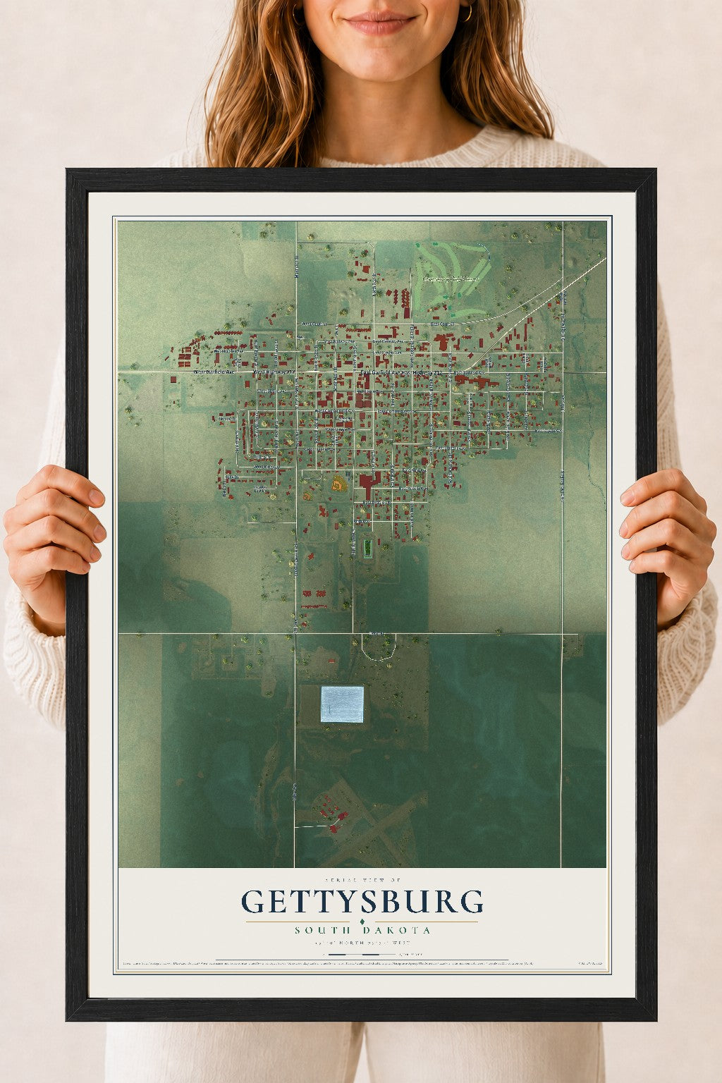 Map of Gettysburg, South Dakota, 18 x 24 inch print in a black wood frame
