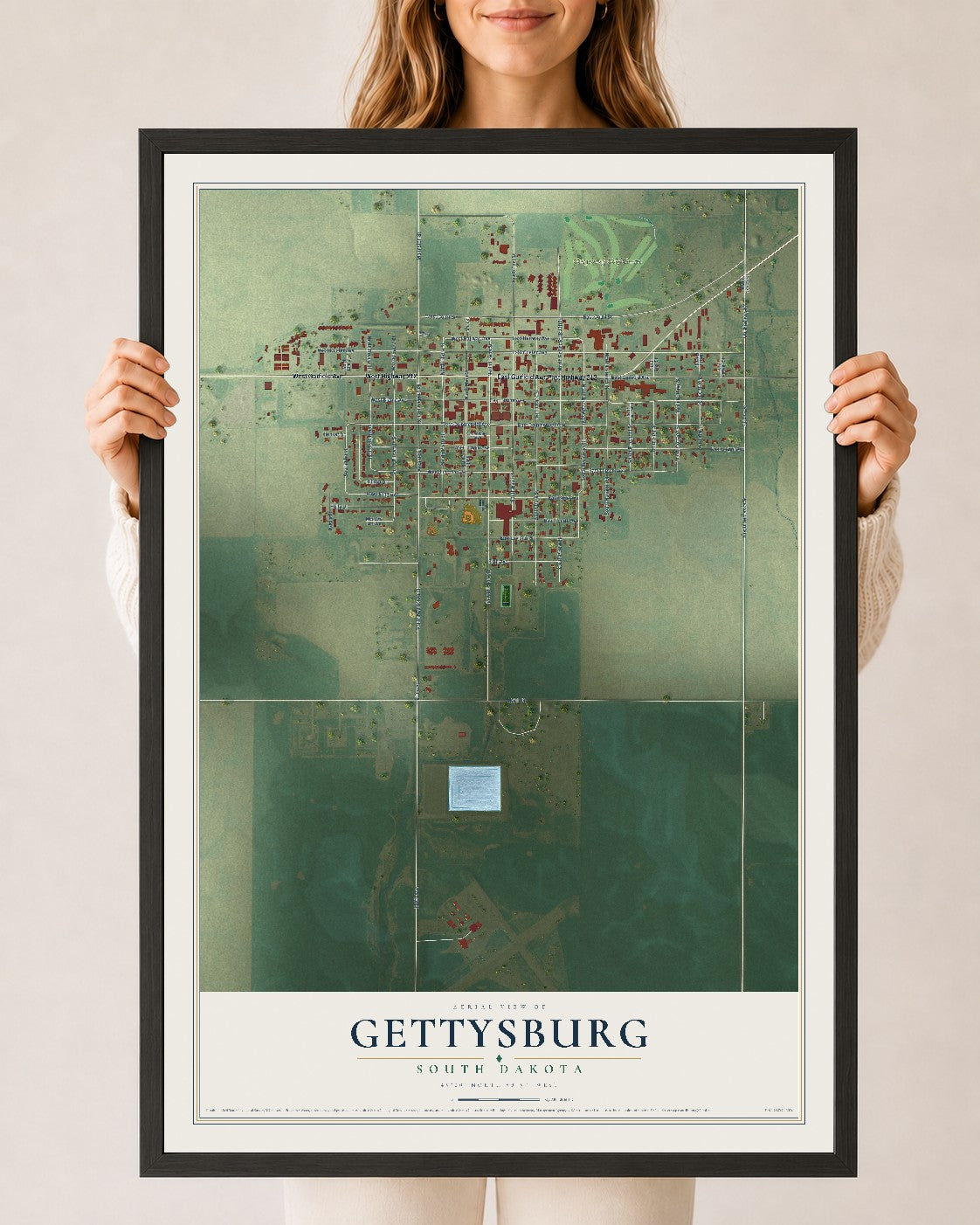Map of Gettysburg, South Dakota, 24 x 36 inch print in a black wood frame