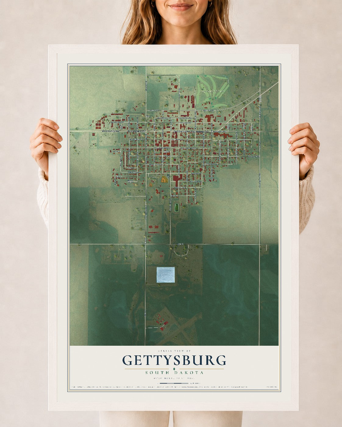 Map of Gettysburg, South Dakota, 24 x 36 inch print in a white wood frame