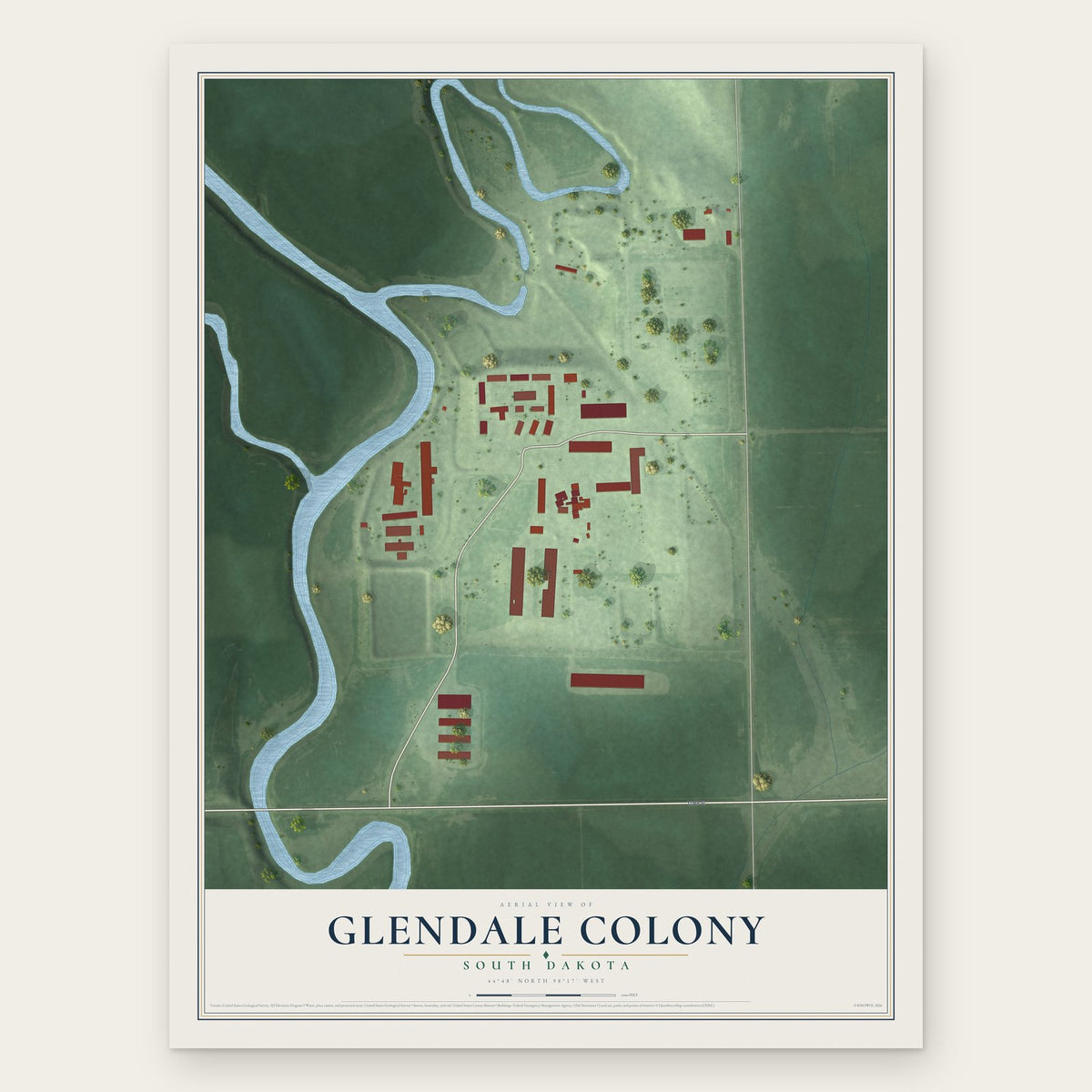 Glendale Colony, South Dakota map print, the full design