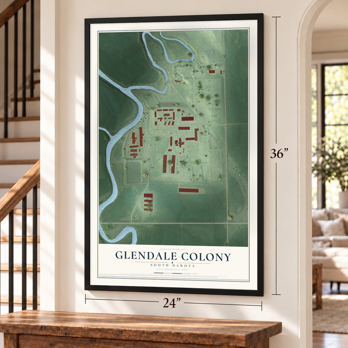 Glendale Colony, South Dakota map, 24 x 36 inch print in a black frame by a staircase