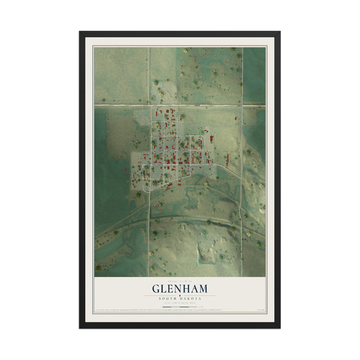 Map of Glenham, South Dakota, 12 x 18 inch print in a black wood frame
