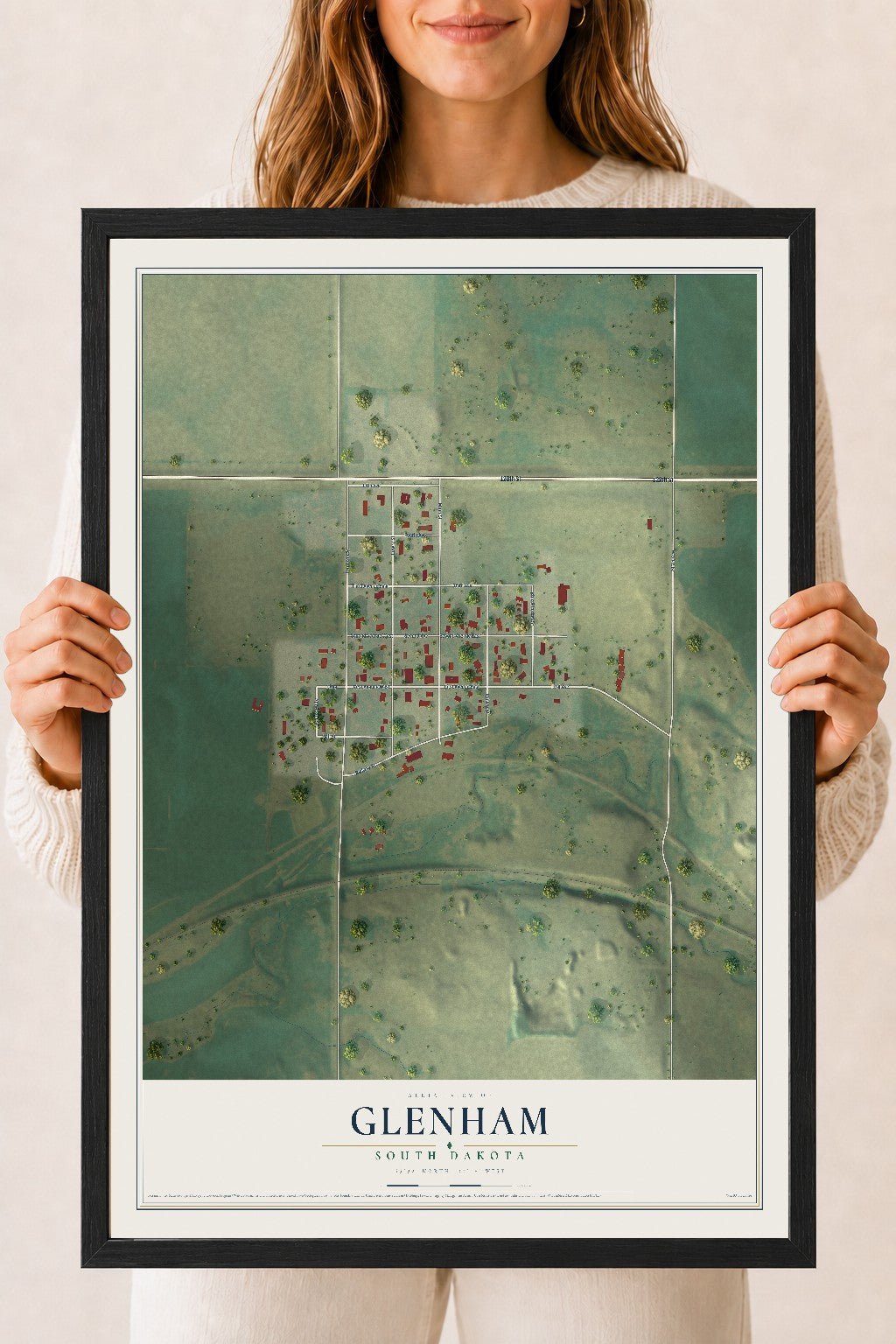 Map of Glenham, South Dakota, 18 x 24 inch print in a black wood frame