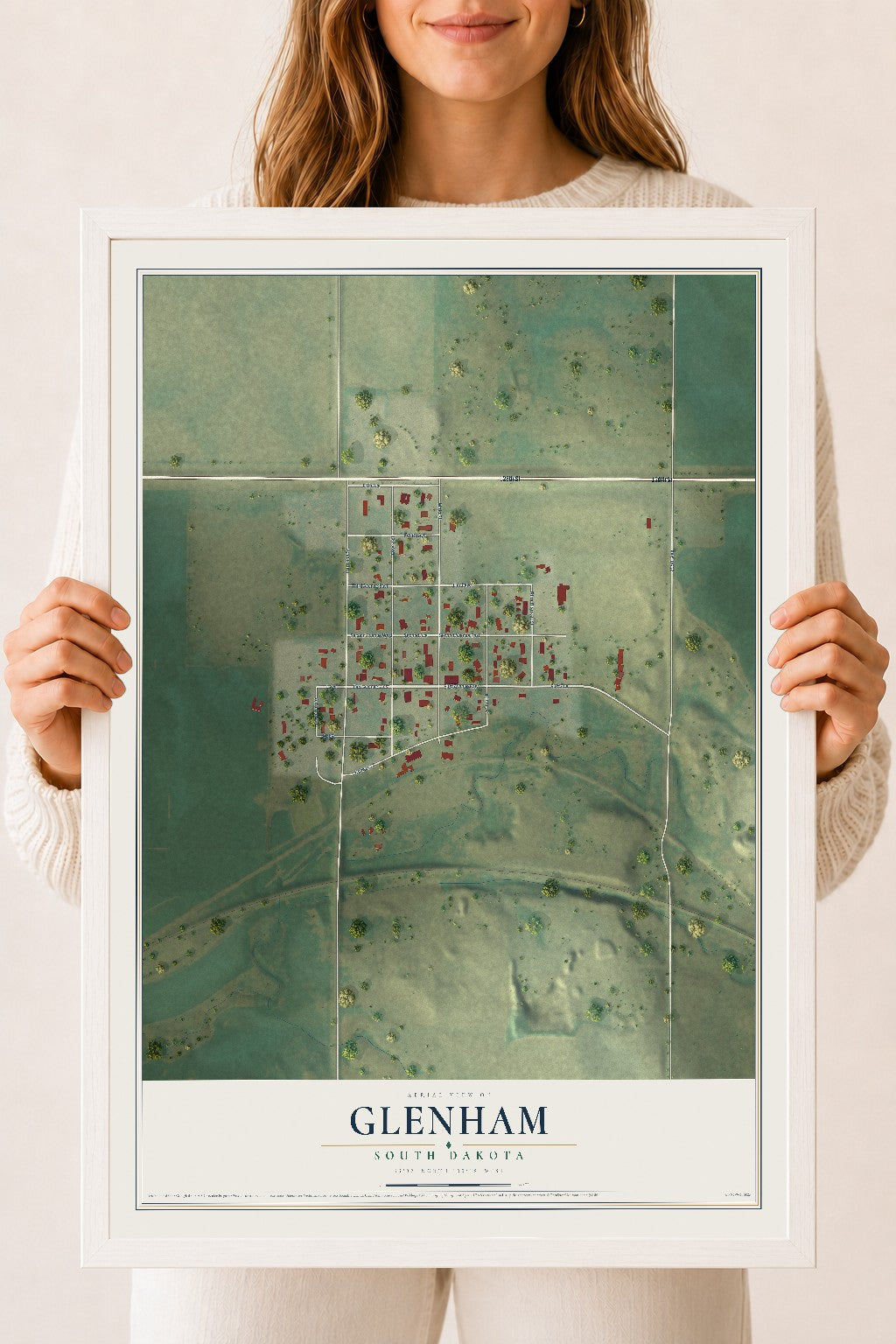 Map of Glenham, South Dakota, 18 x 24 inch print in a white wood frame