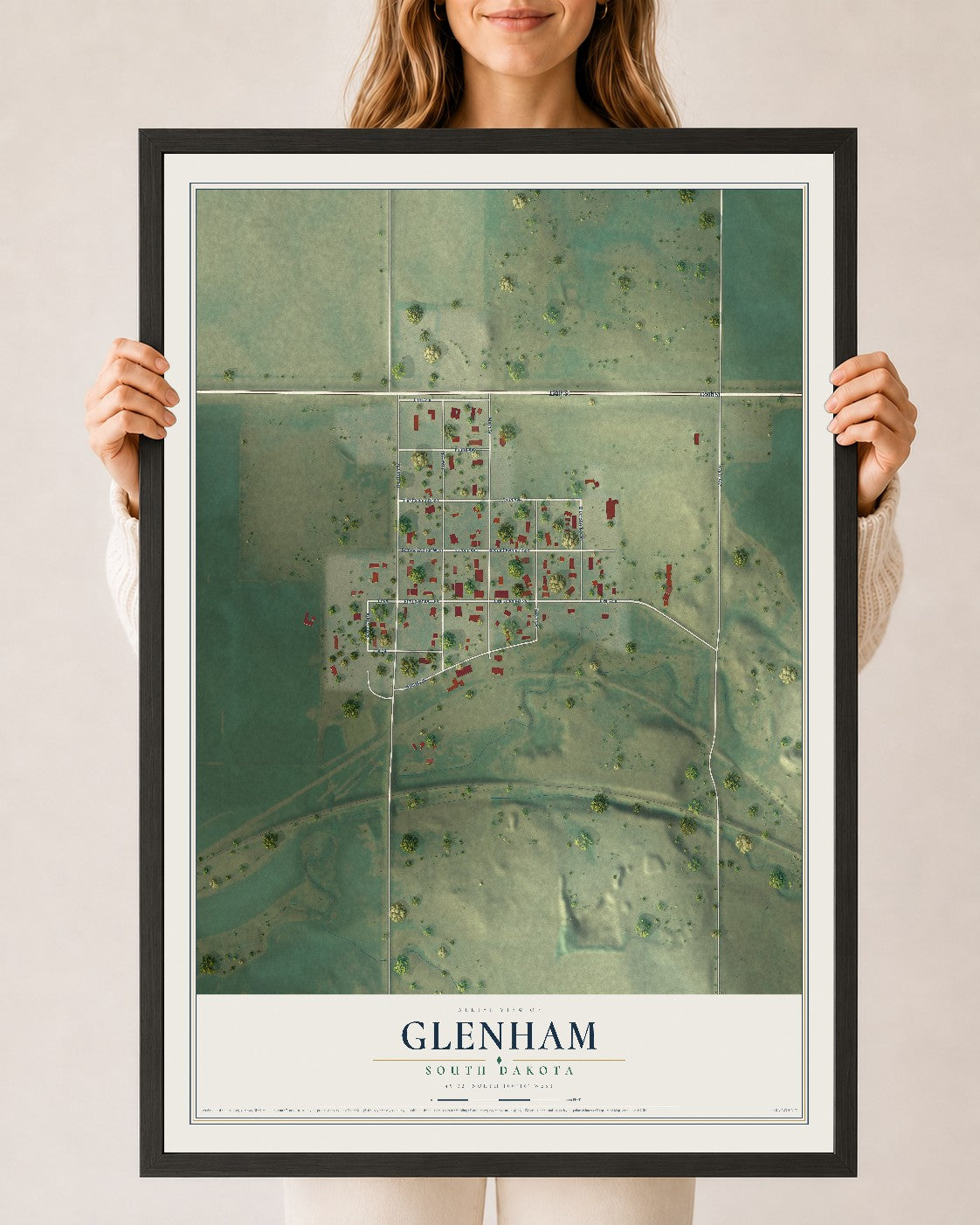 Map of Glenham, South Dakota, 24 x 36 inch print in a black wood frame