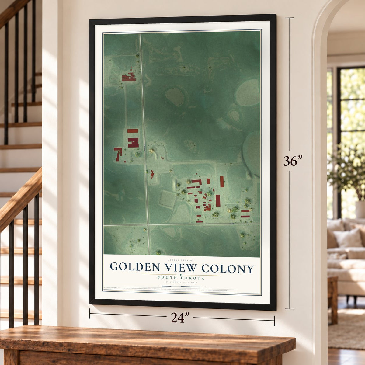 Golden View Colony, South Dakota map, 24 x 36 inch print in a black frame by a staircase