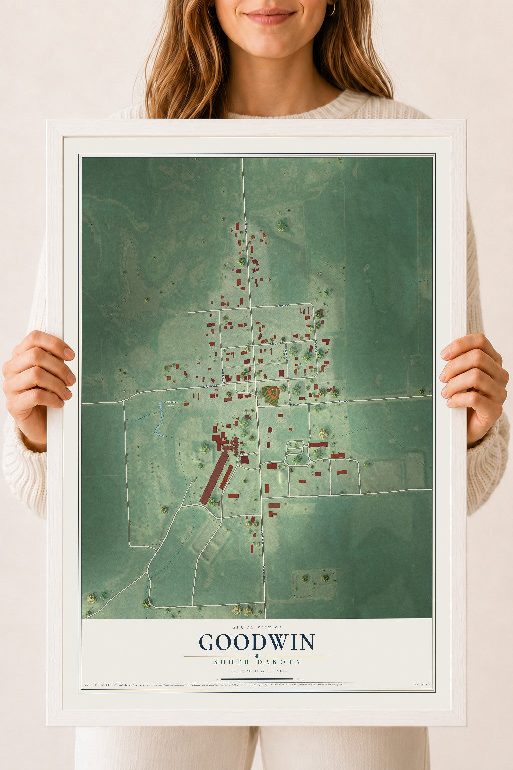 Map of Goodwin, South Dakota, 18 x 24 inch print in a white wood frame