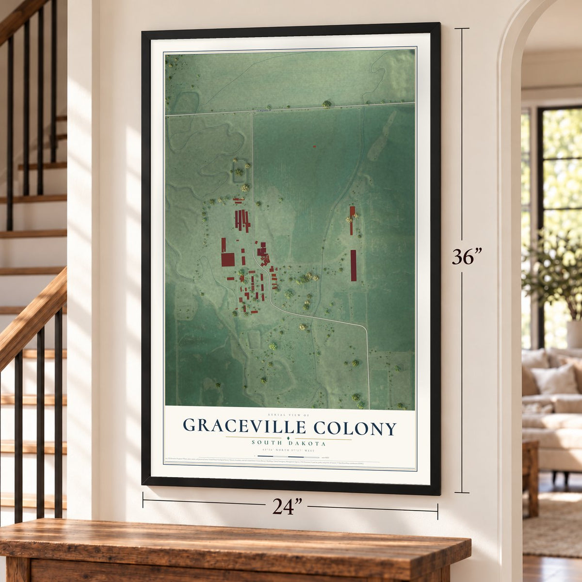 Graceville Colony, South Dakota map, 24 x 36 inch print in a black frame by a staircase