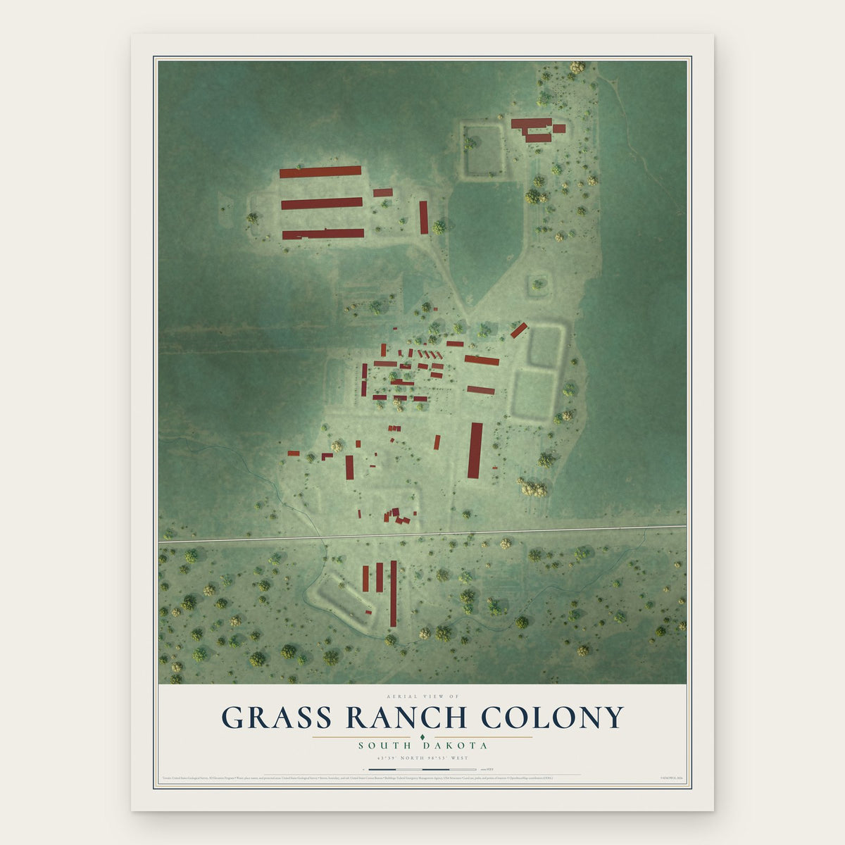 Grass Ranch Colony, South Dakota map print, the full design