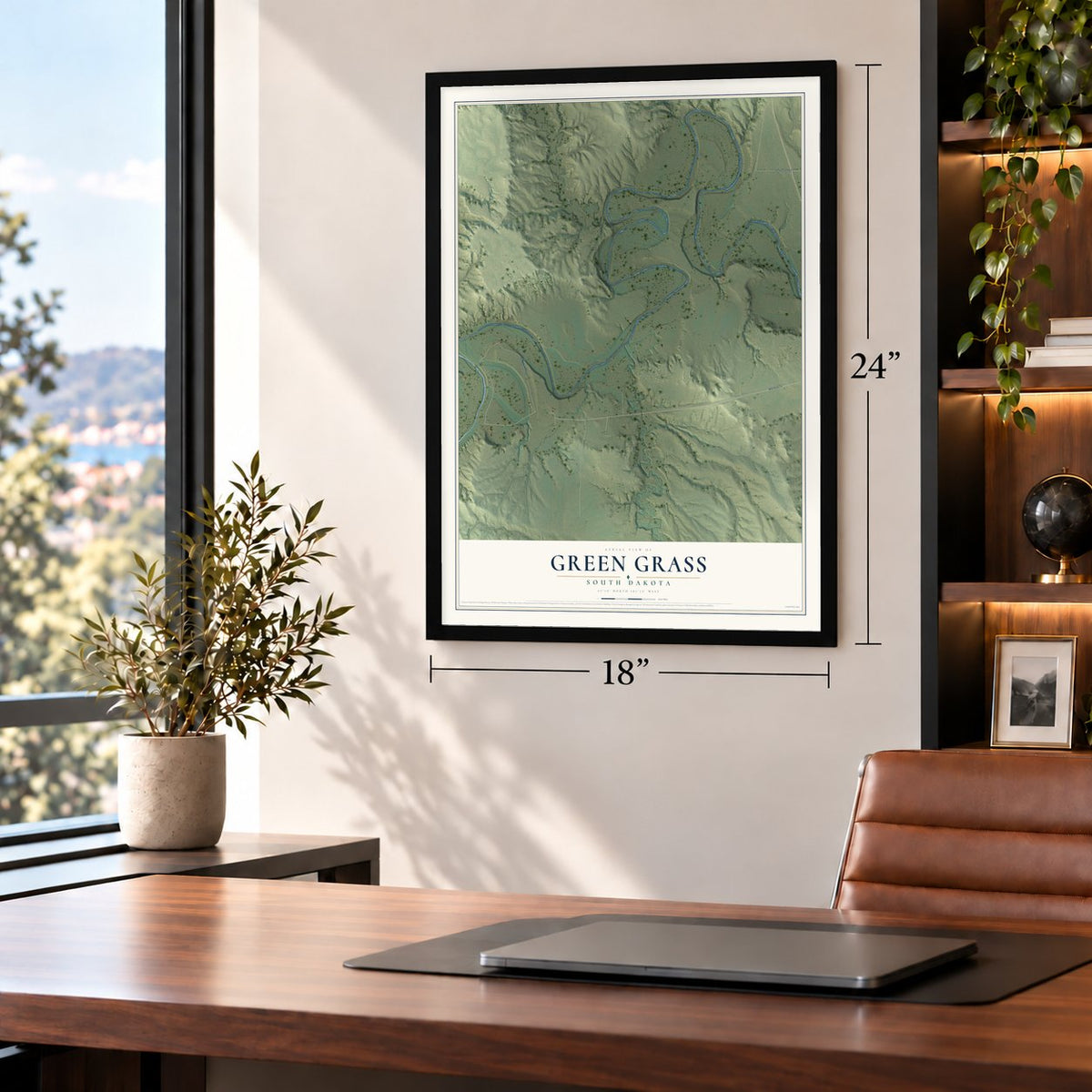 Green Grass, South Dakota map, 18 x 24 inch print in a black frame in a home office