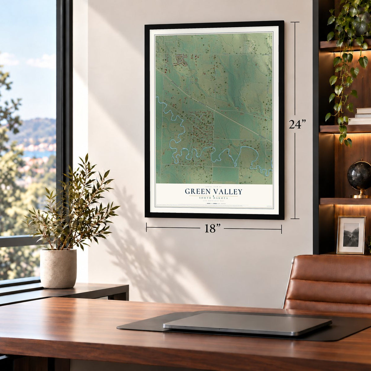 Green Valley, South Dakota map, 18 x 24 inch print in a black frame in a home office