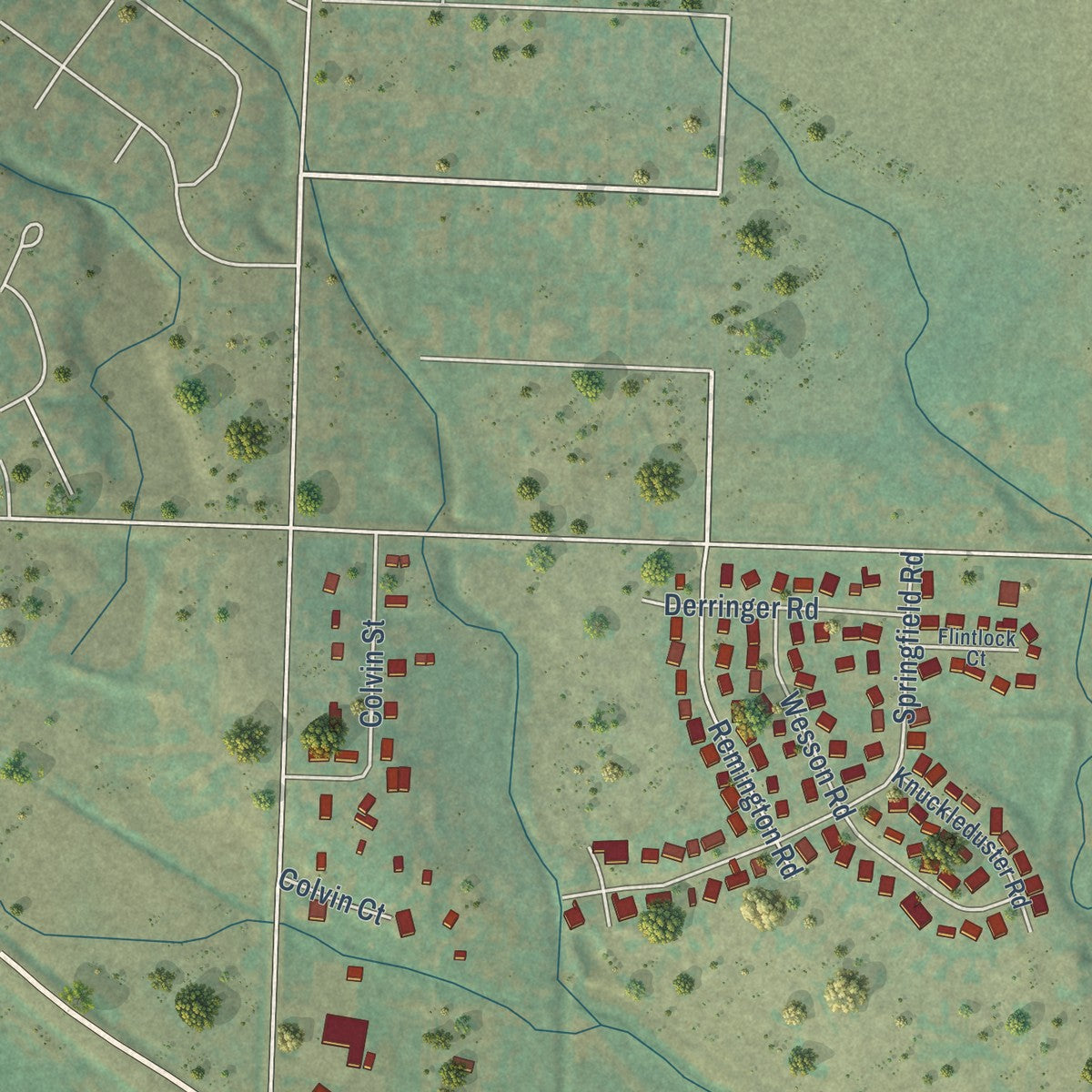 Close-up of the map of Green Valley, South Dakota print showing street and building detail