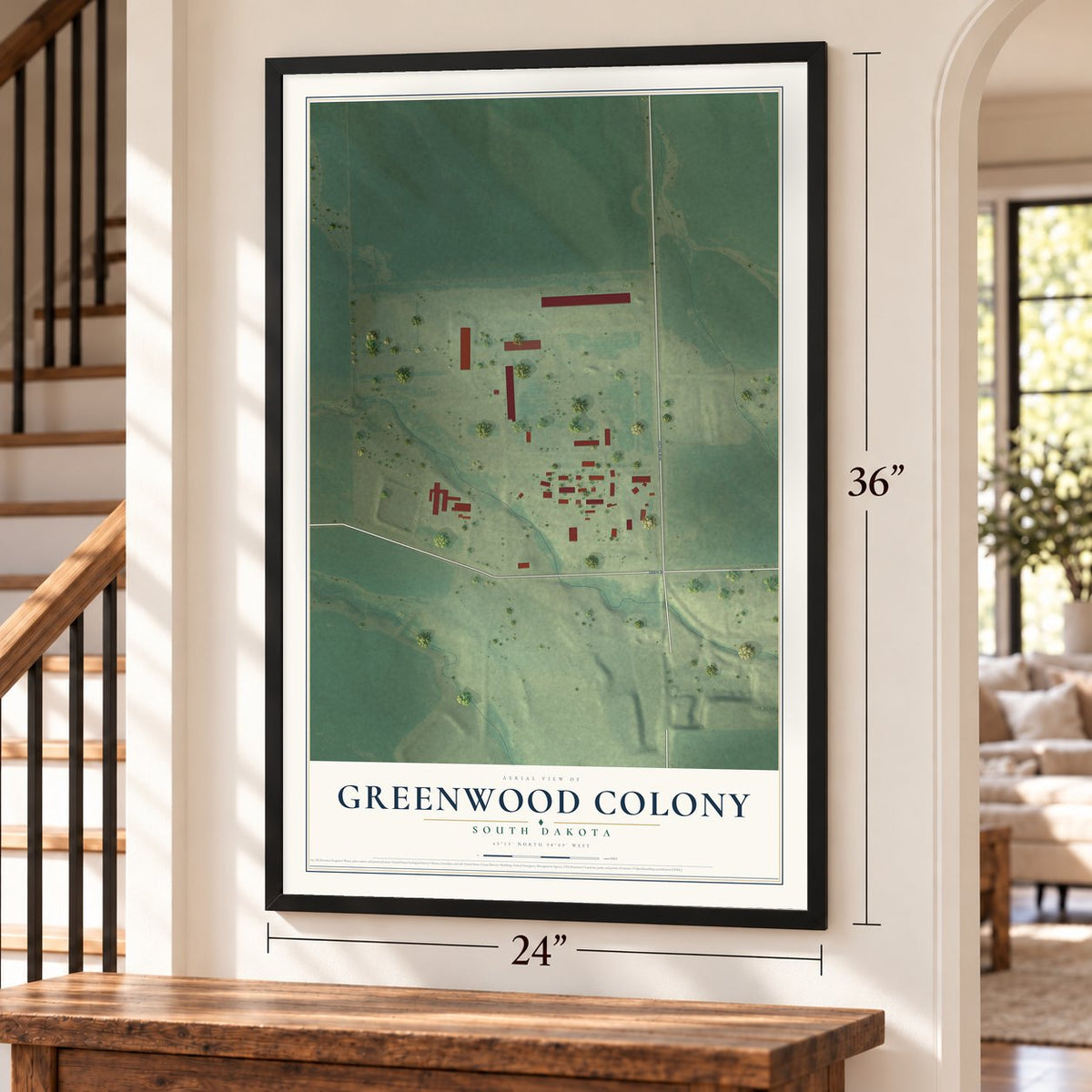 Greenwood Colony, South Dakota map, 24 x 36 inch print in a black frame by a staircase
