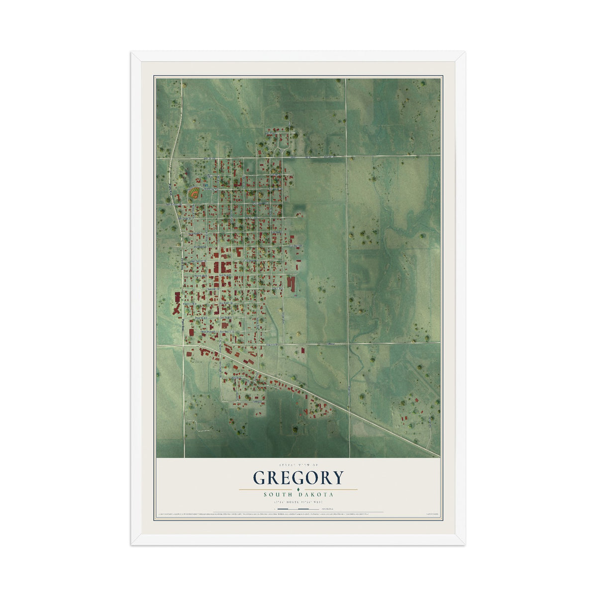 Map of Gregory, South Dakota, 12 x 18 inch print in a white wood frame