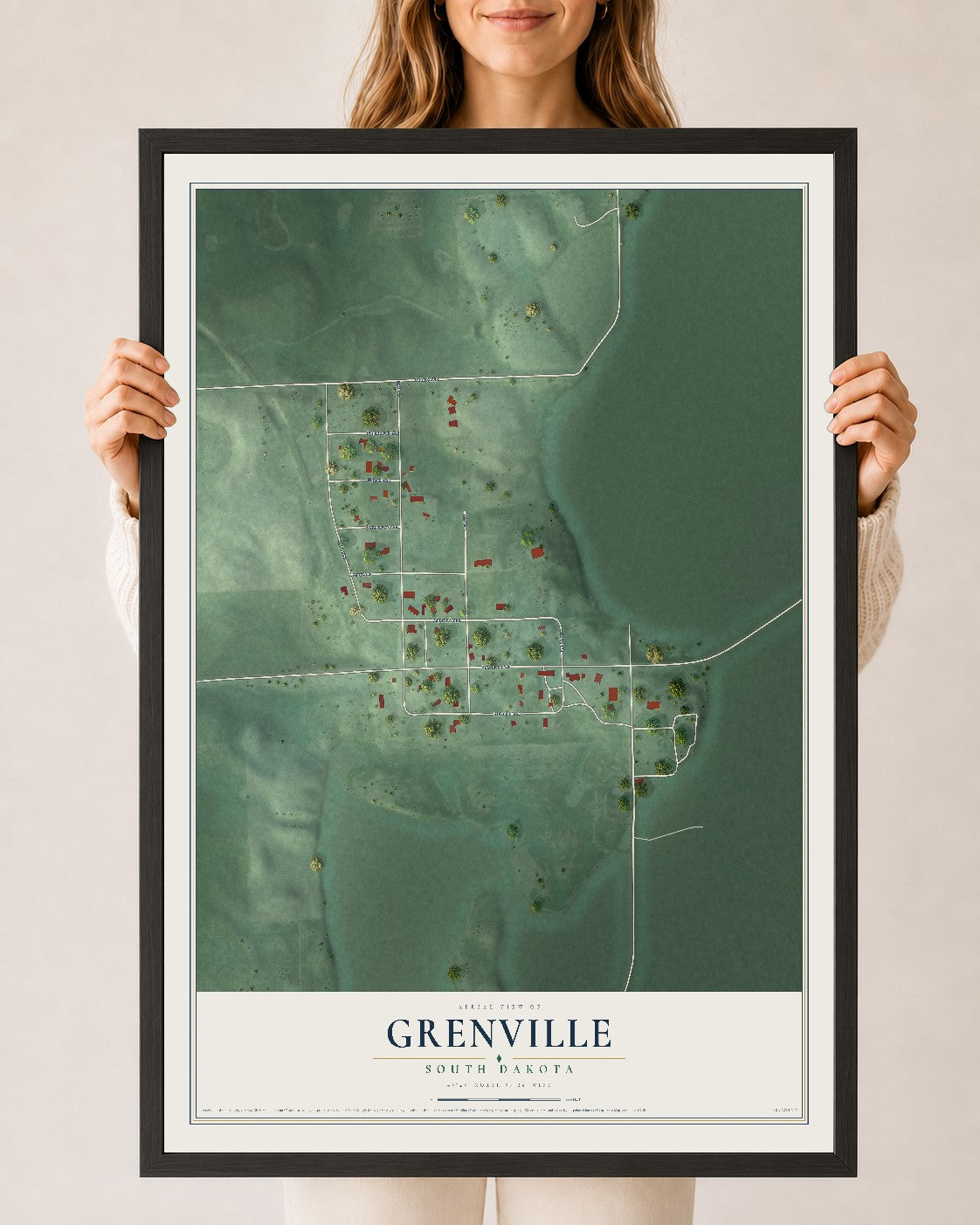 Map of Grenville, South Dakota, 24 x 36 inch print in a black wood frame