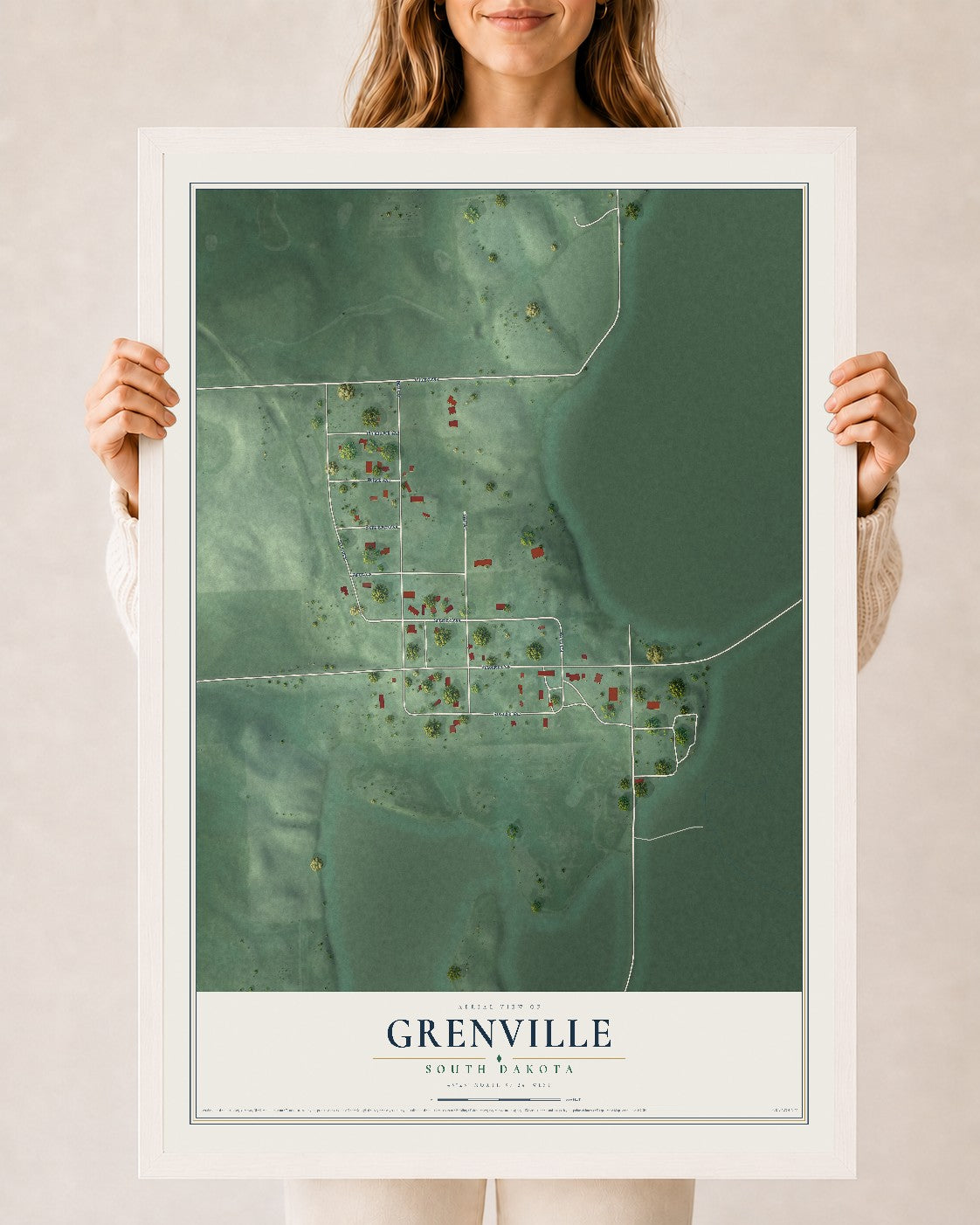Map of Grenville, South Dakota, 24 x 36 inch print in a white wood frame
