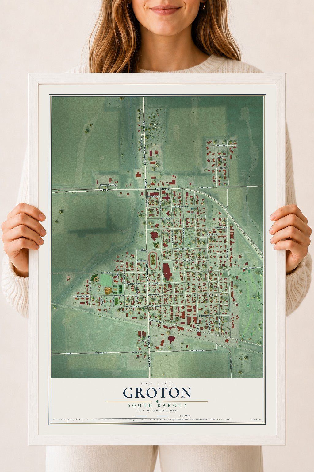 Map of Groton, South Dakota, 18 x 24 inch print in a white wood frame